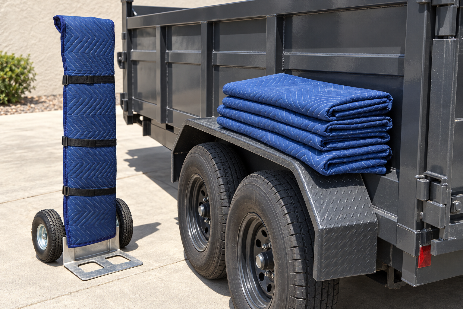 Folded moving blankets on a trailer fender with a hand truck standing beside them
