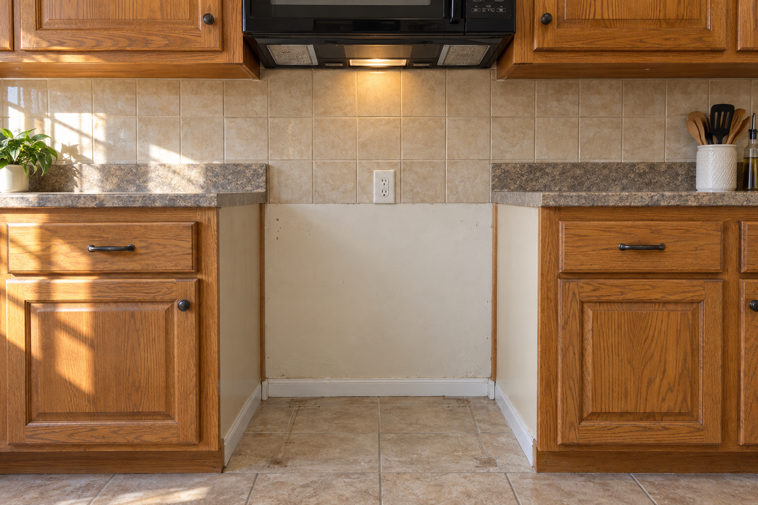 Empty gap between kitchen cabinets where a range stood, the floor swept clean