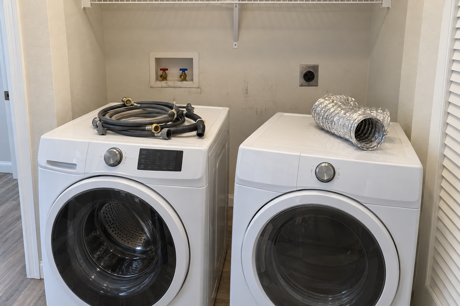 Washer and dryer pulled out of a laundry alcove with their hoses coiled on top