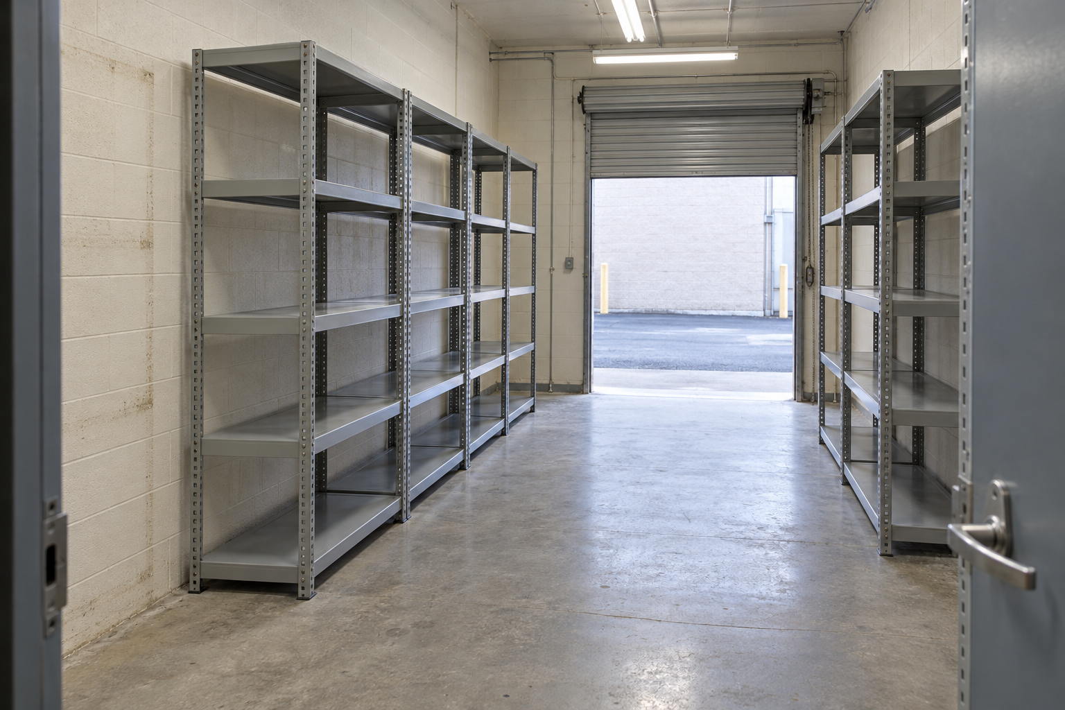 Empty steel shelving units pulled away from the wall of a cleared stockroom