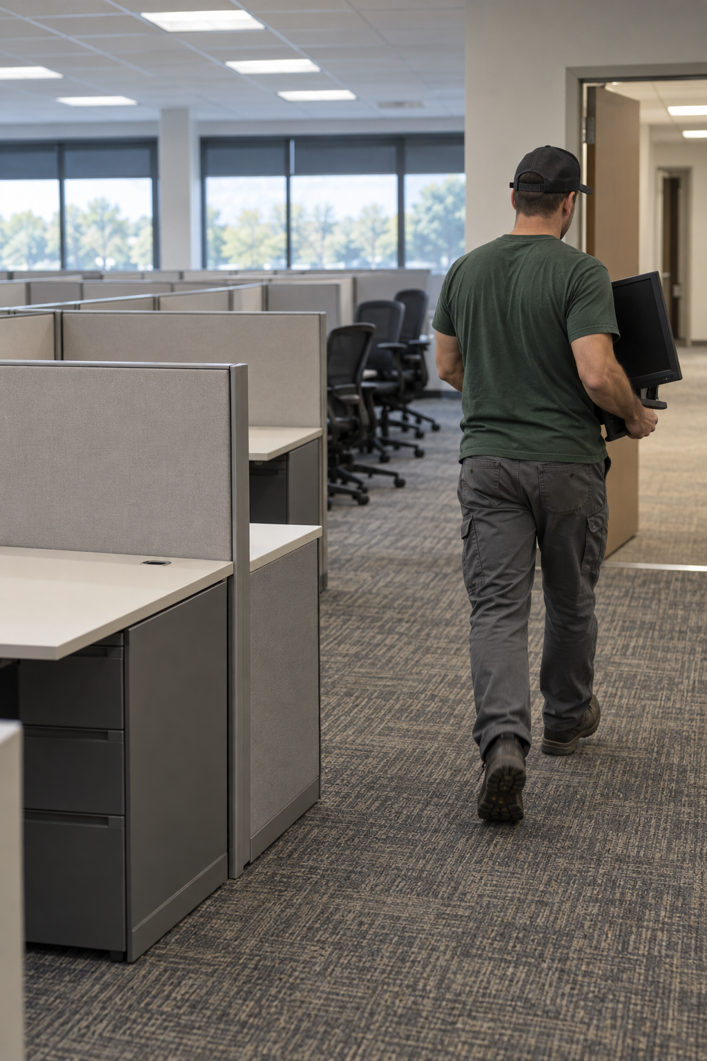 Worker carrying a flat-screen monitor down an aisle of emptied cubicles