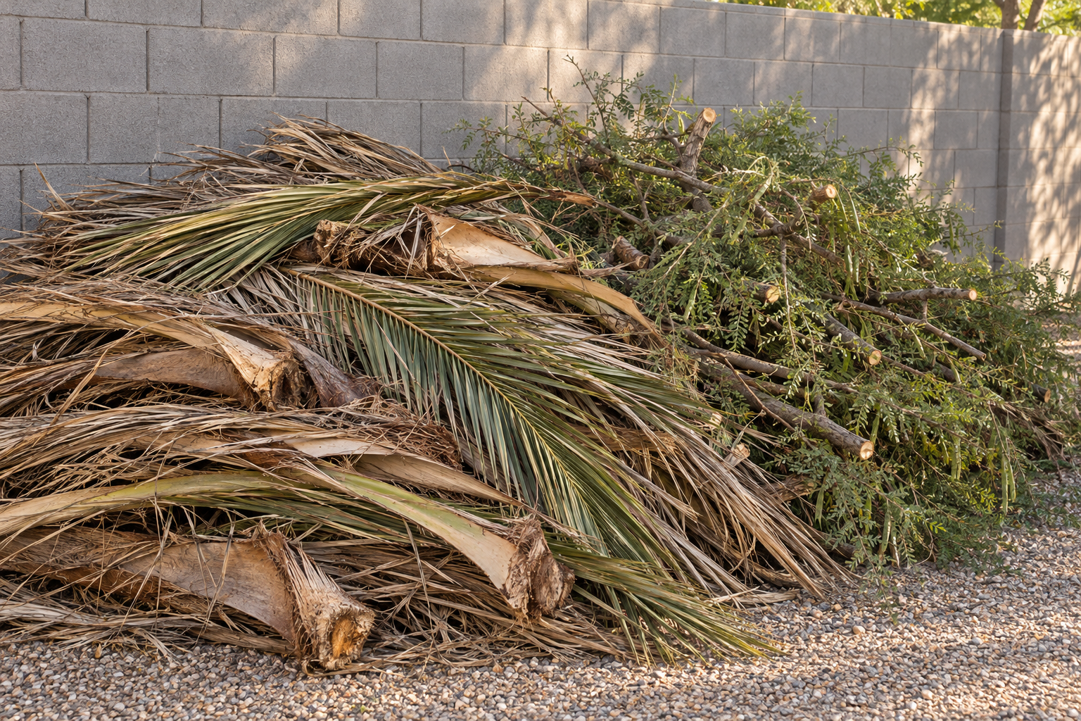 Palm fronds and cut branches stacked against a gray block wall