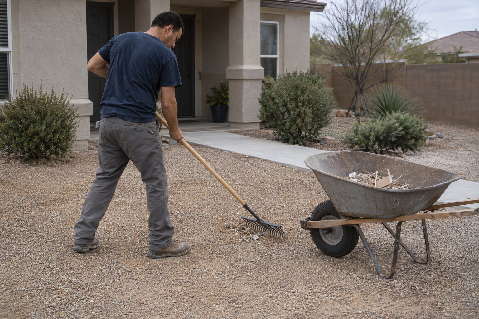 Worker raking the last scraps off a gravel yard into a wheelbarrow