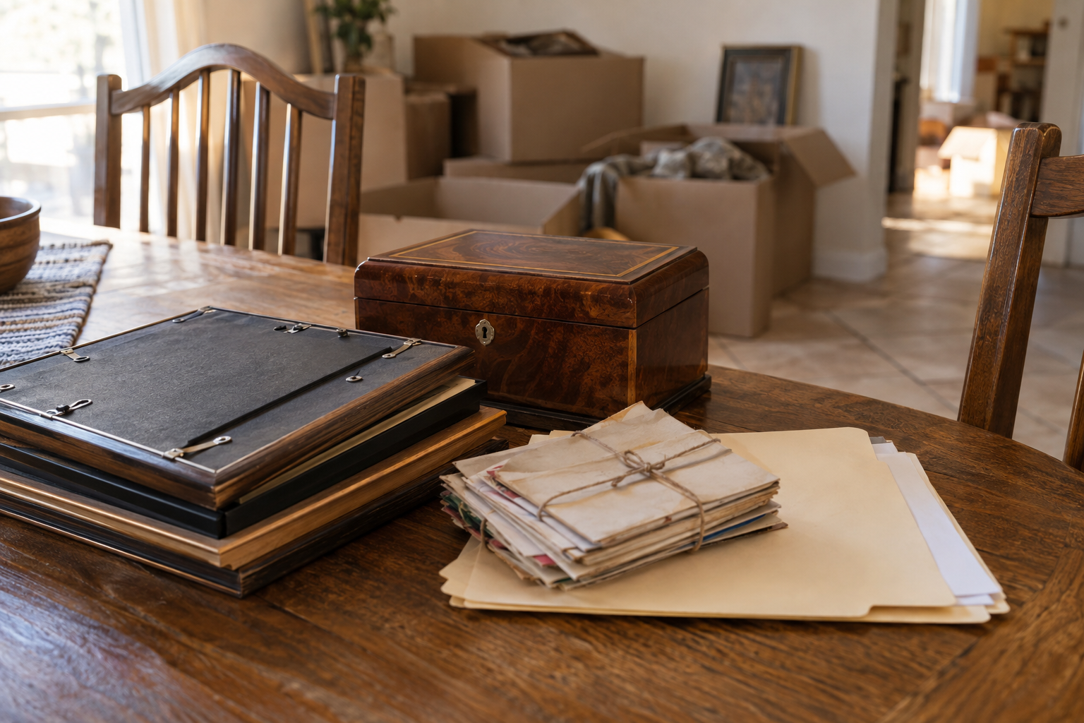 Keepsakes set aside on a dining table: framed photographs, a jewelry box, tied letters and a folder of papers