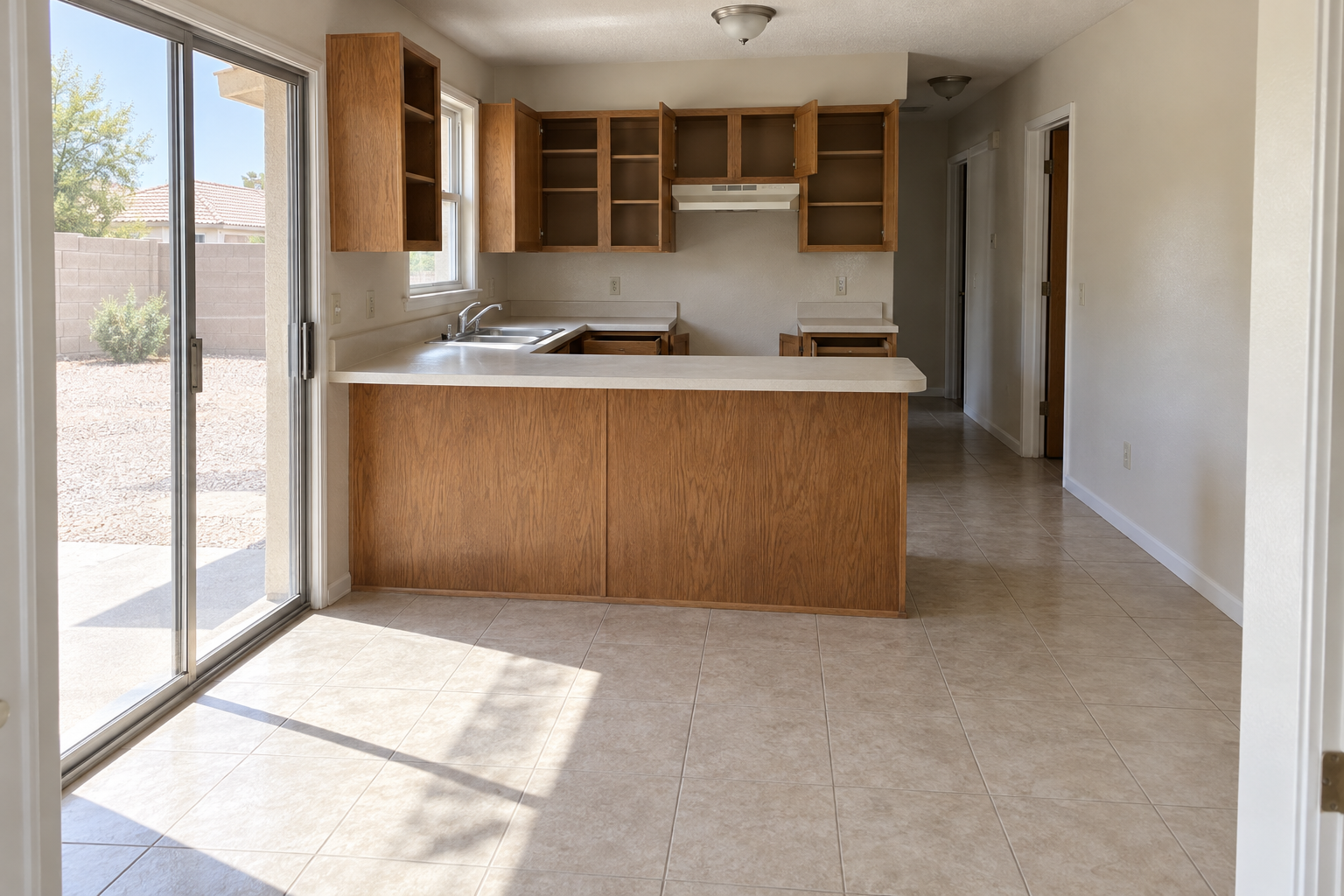 Empty kitchen with bare counters, open cabinets and a swept tile floor after a house cleanout
