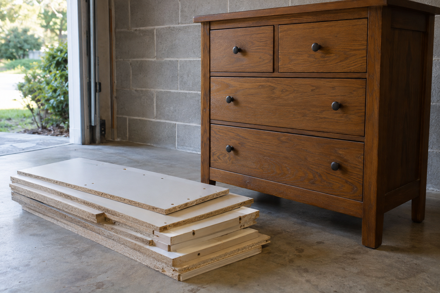 Disassembled particle-board bookcase panels on a garage floor beside a solid wood dresser