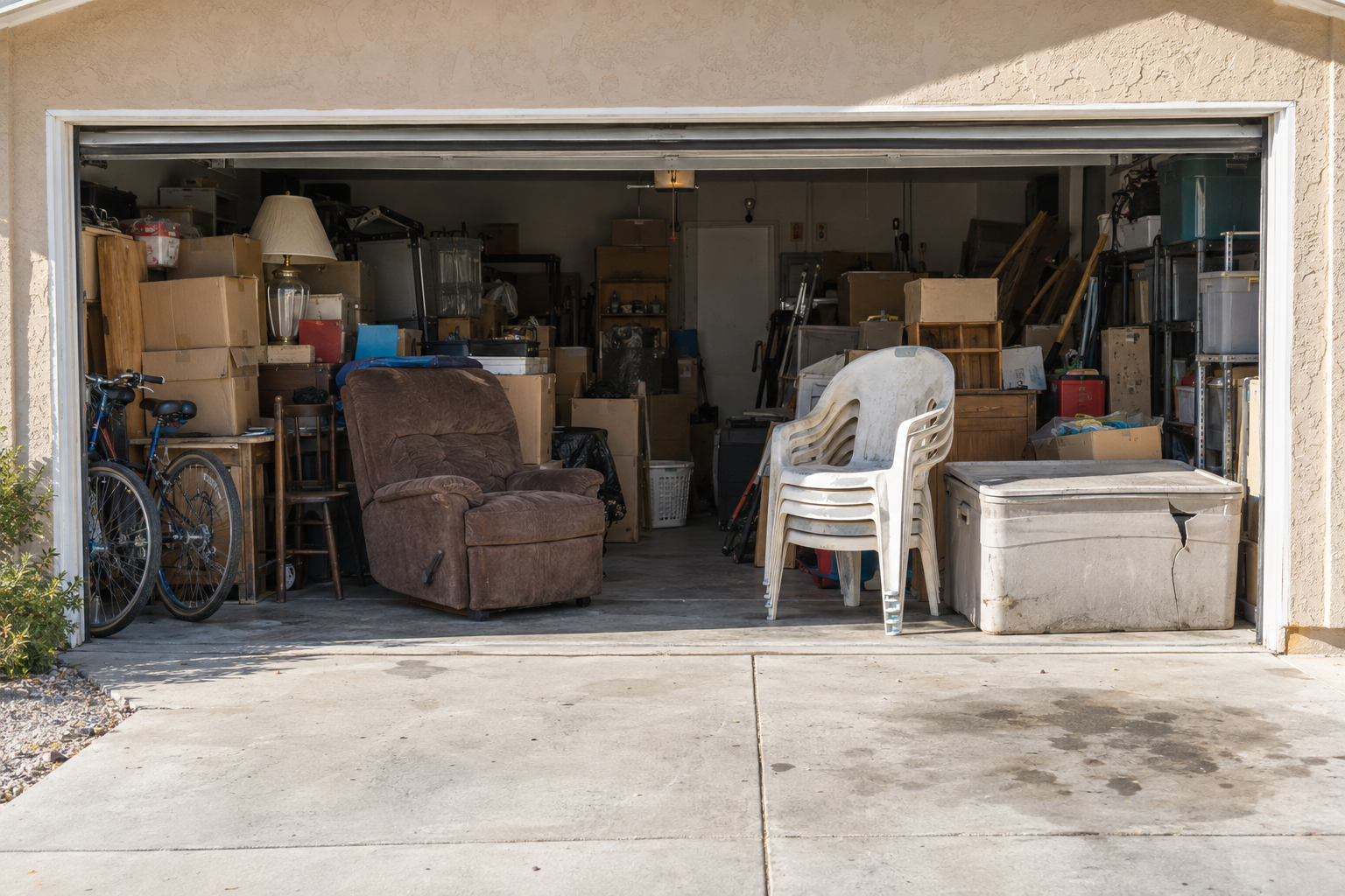 Open garage of an older stucco house stacked with boxes, a recliner and patio chairs