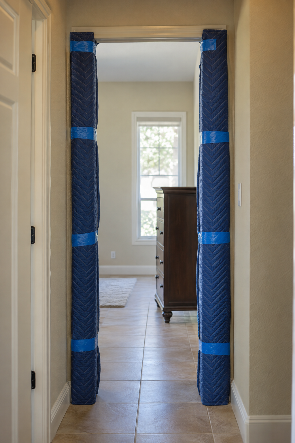 Moving blankets taped over an interior door frame
