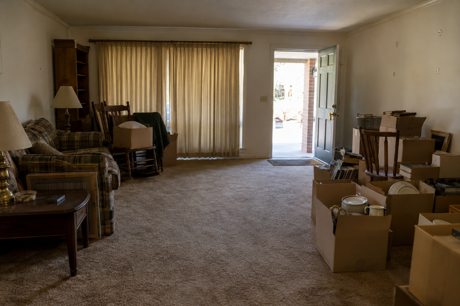 Living room mid-cleanout with furniture grouped on one wall and boxes by the door