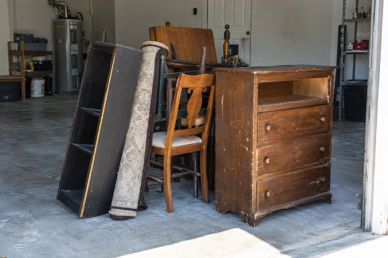 Old dresser, dining chairs and a rolled rug staged on a garage floor