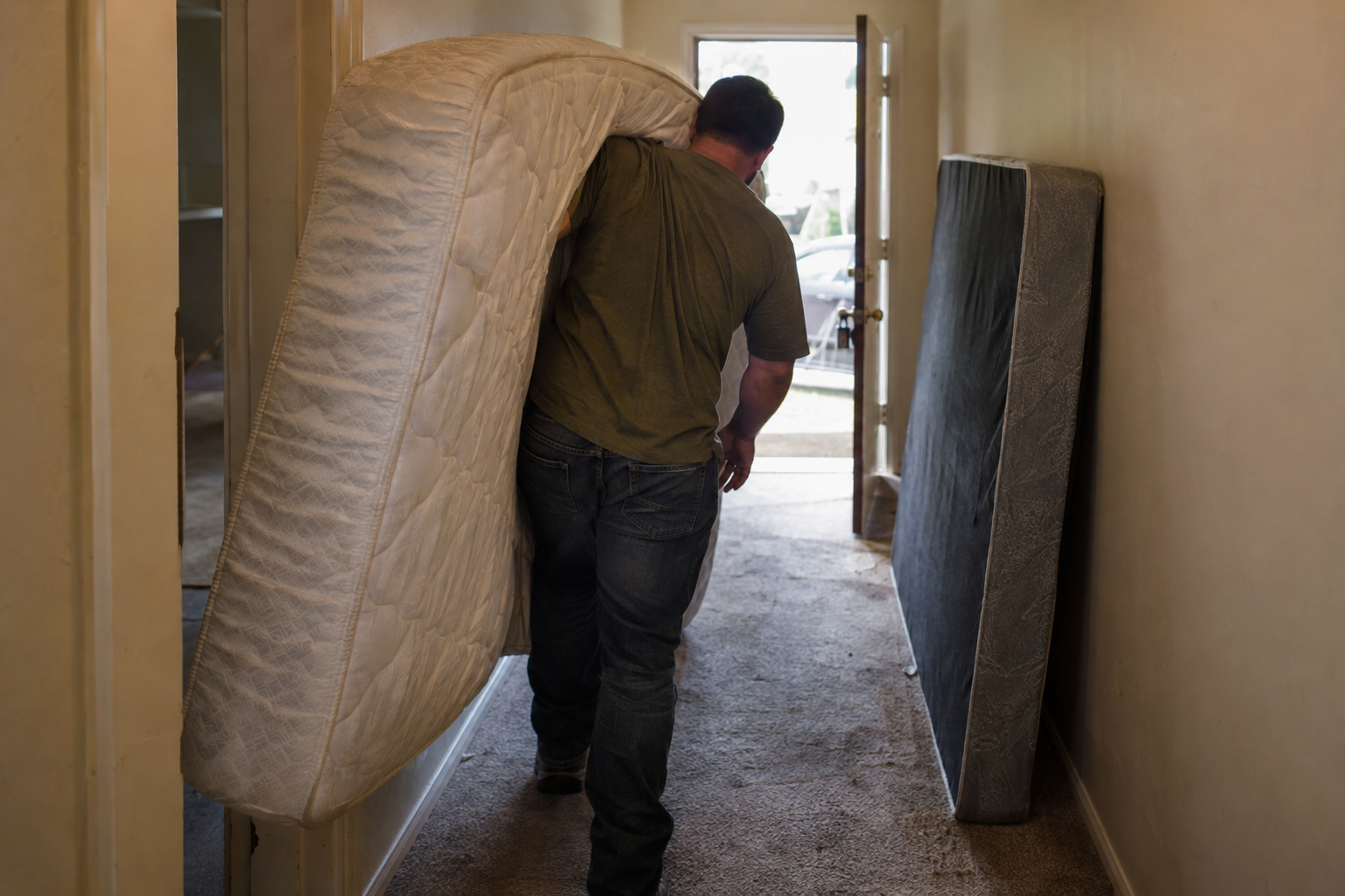 Worker carrying a folded mattress down an apartment hallway