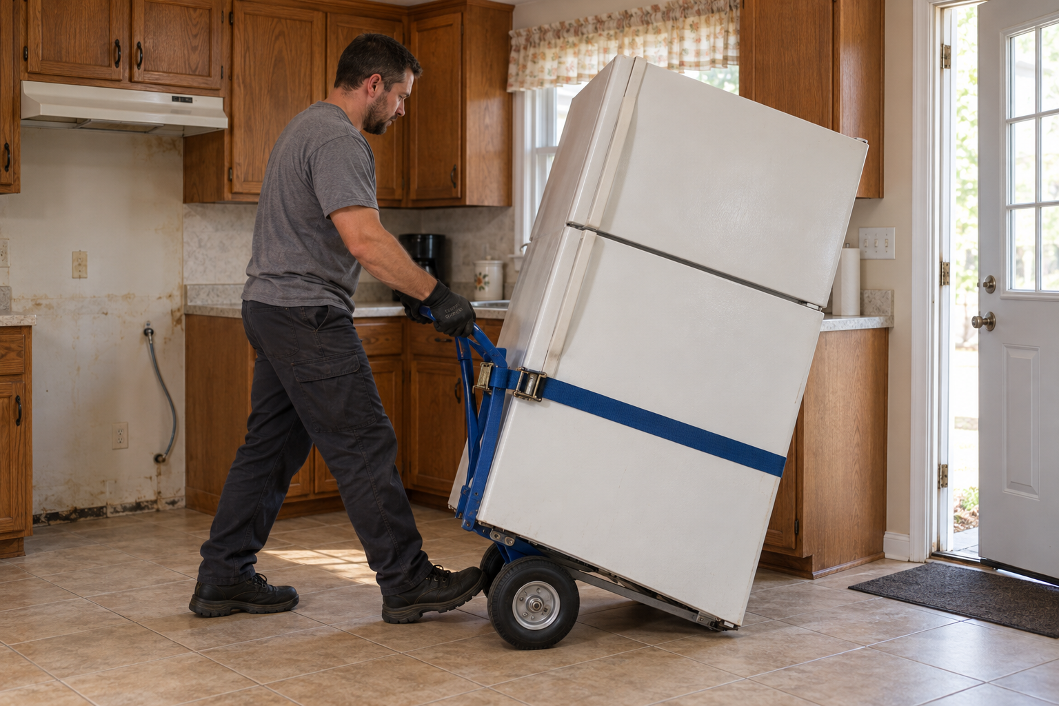 Refrigerator strapped to an appliance dolly crossing a kitchen floor