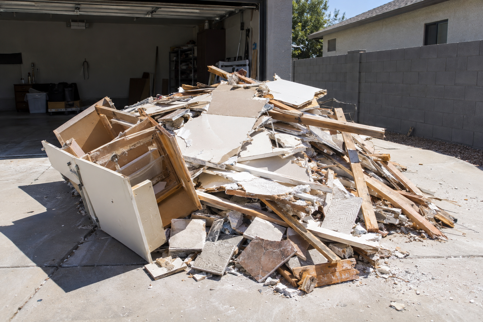 Pile of broken drywall, lumber and old tile on a concrete driveway