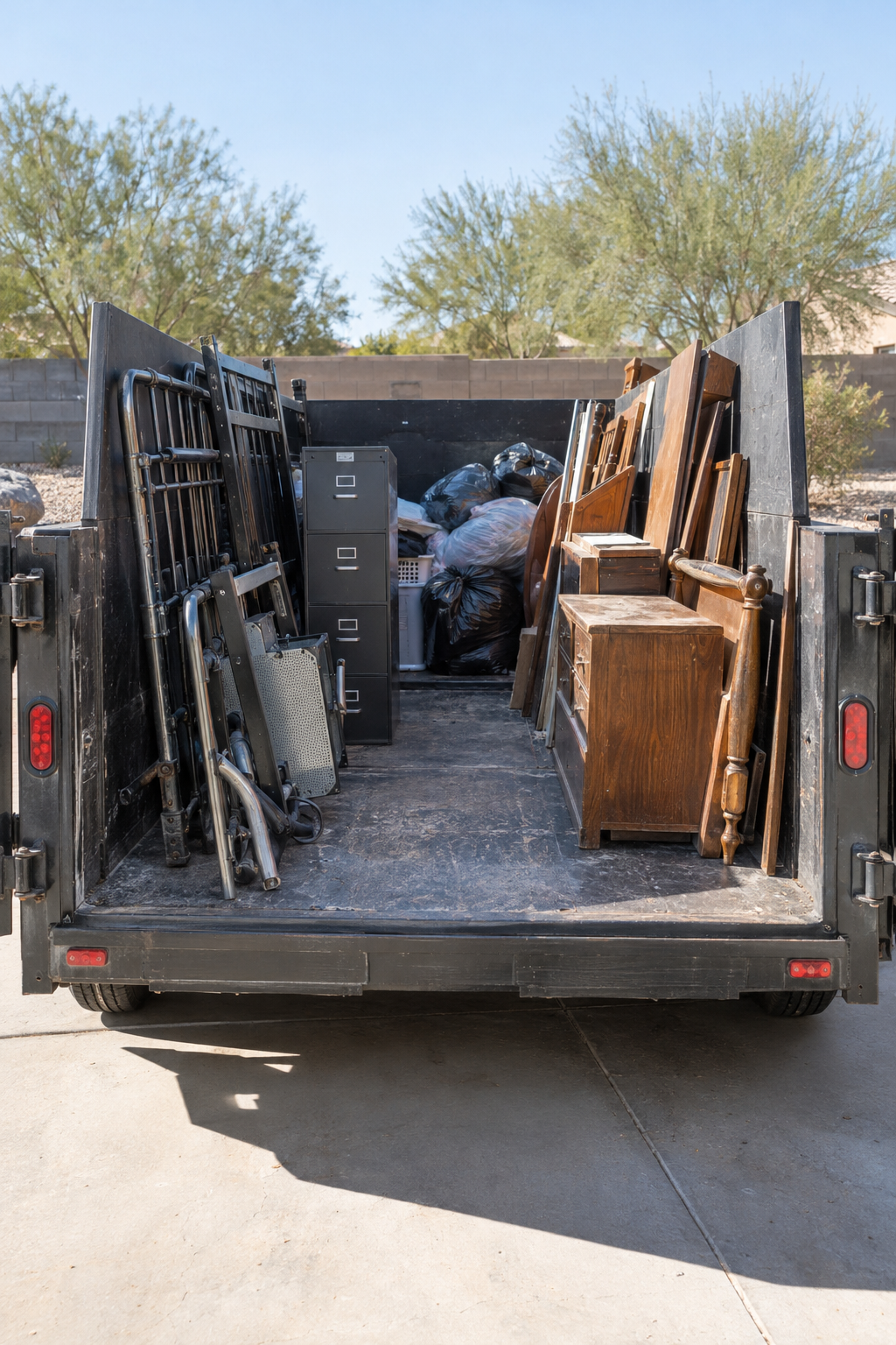 Dump trailer load with metal on one side and wood on the other