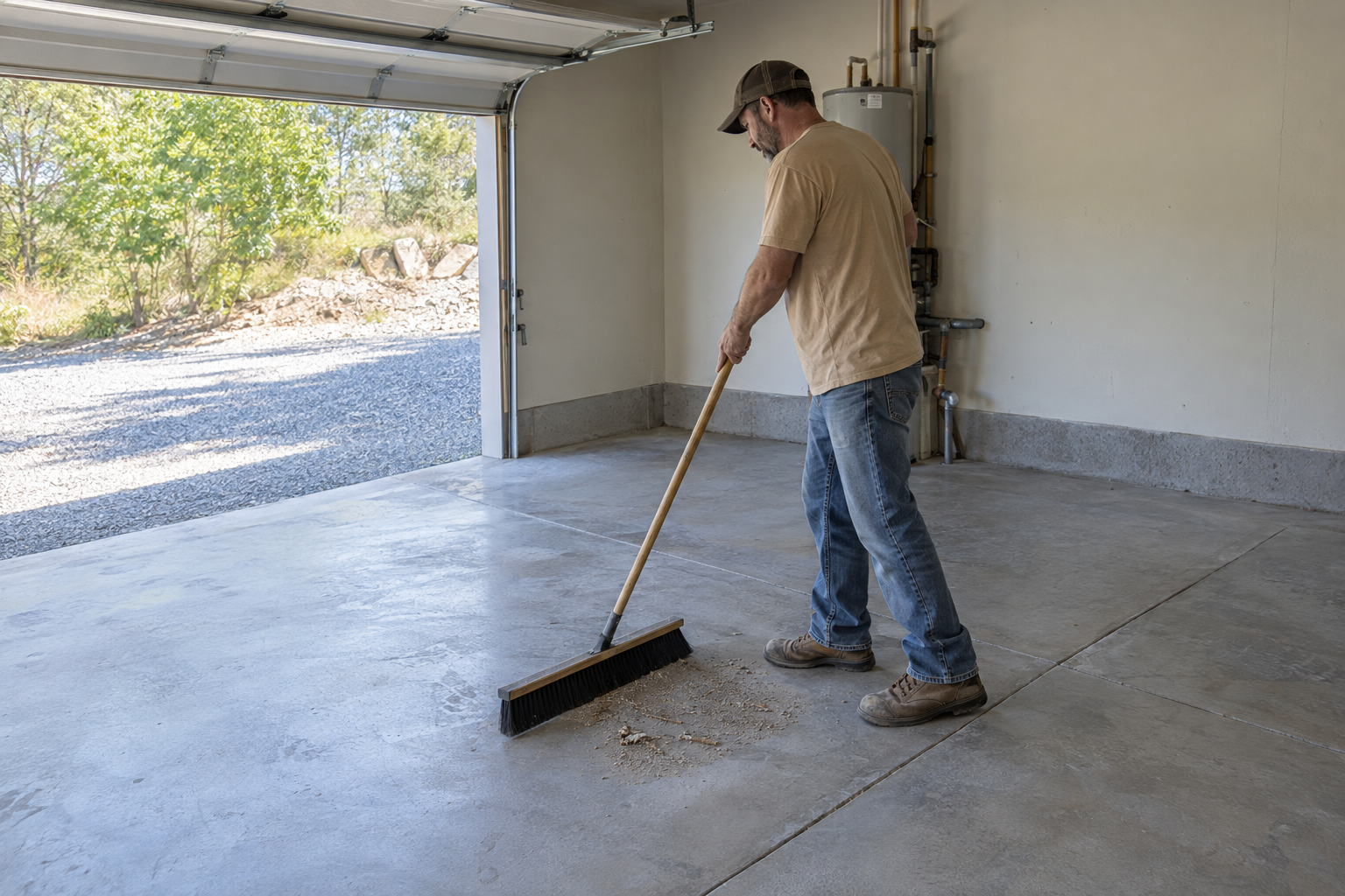 Worker sweeping a cleared garage floor with a push broom