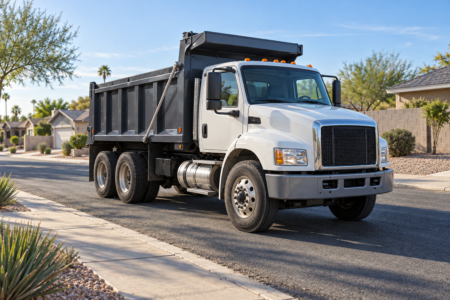 Charcoal dump truck pulling up to the curb of a residential street
