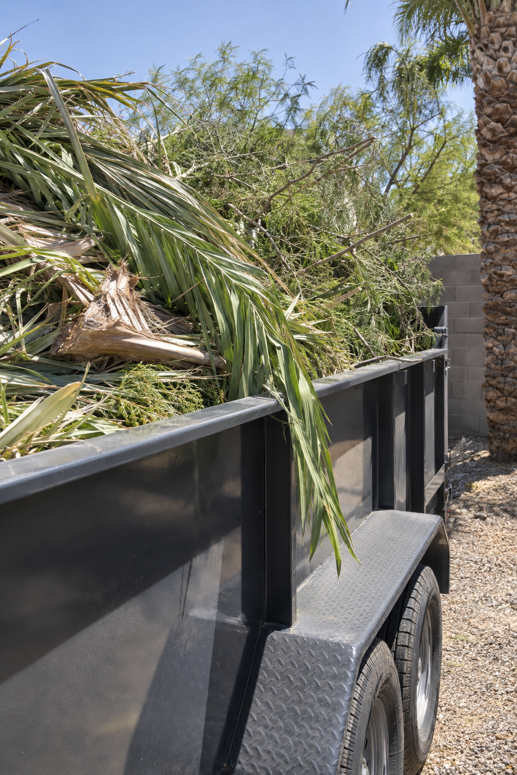 Palm fronds and branches heaped in a dump trailer