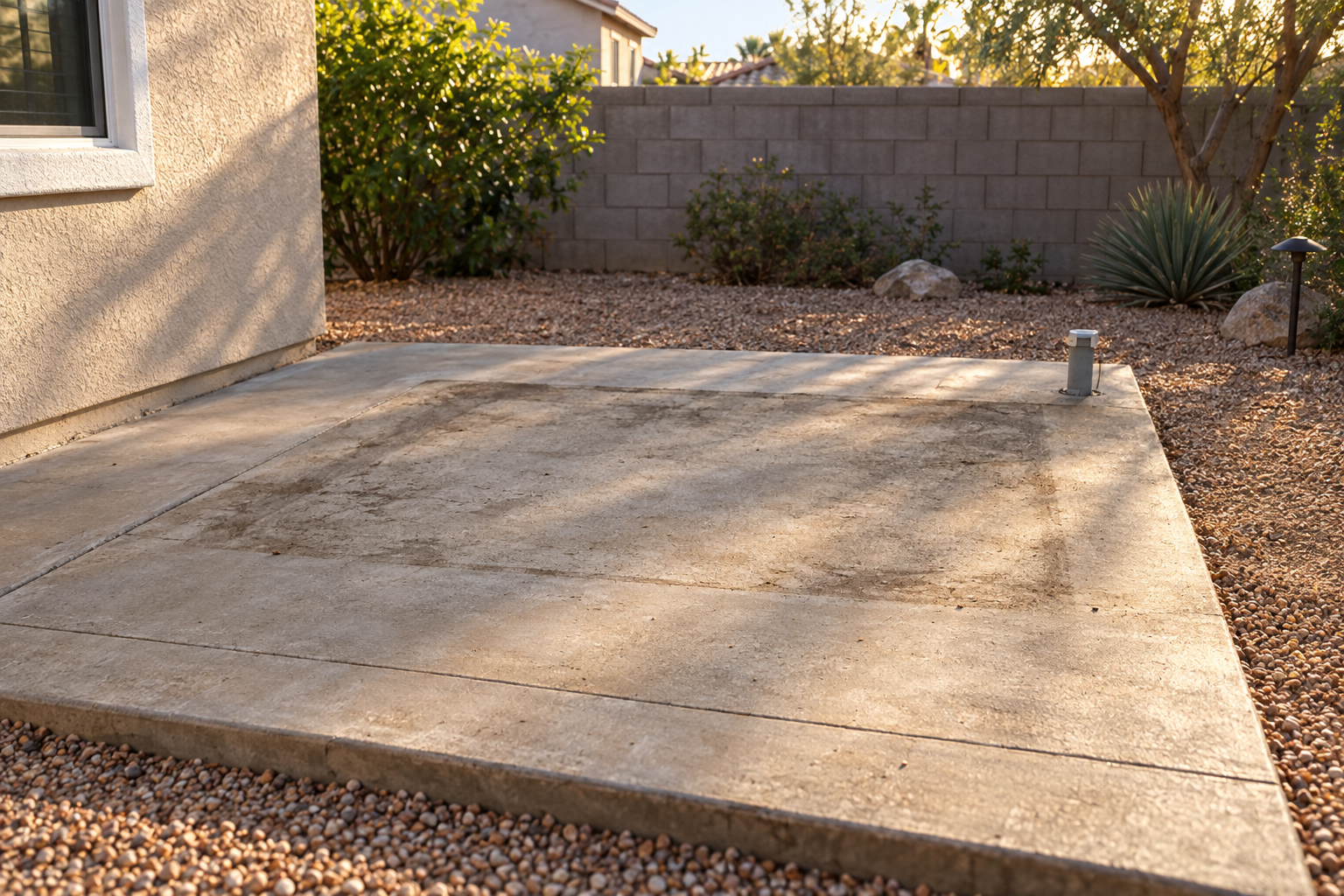 Bare concrete patio slab swept clean where a hot tub once sat