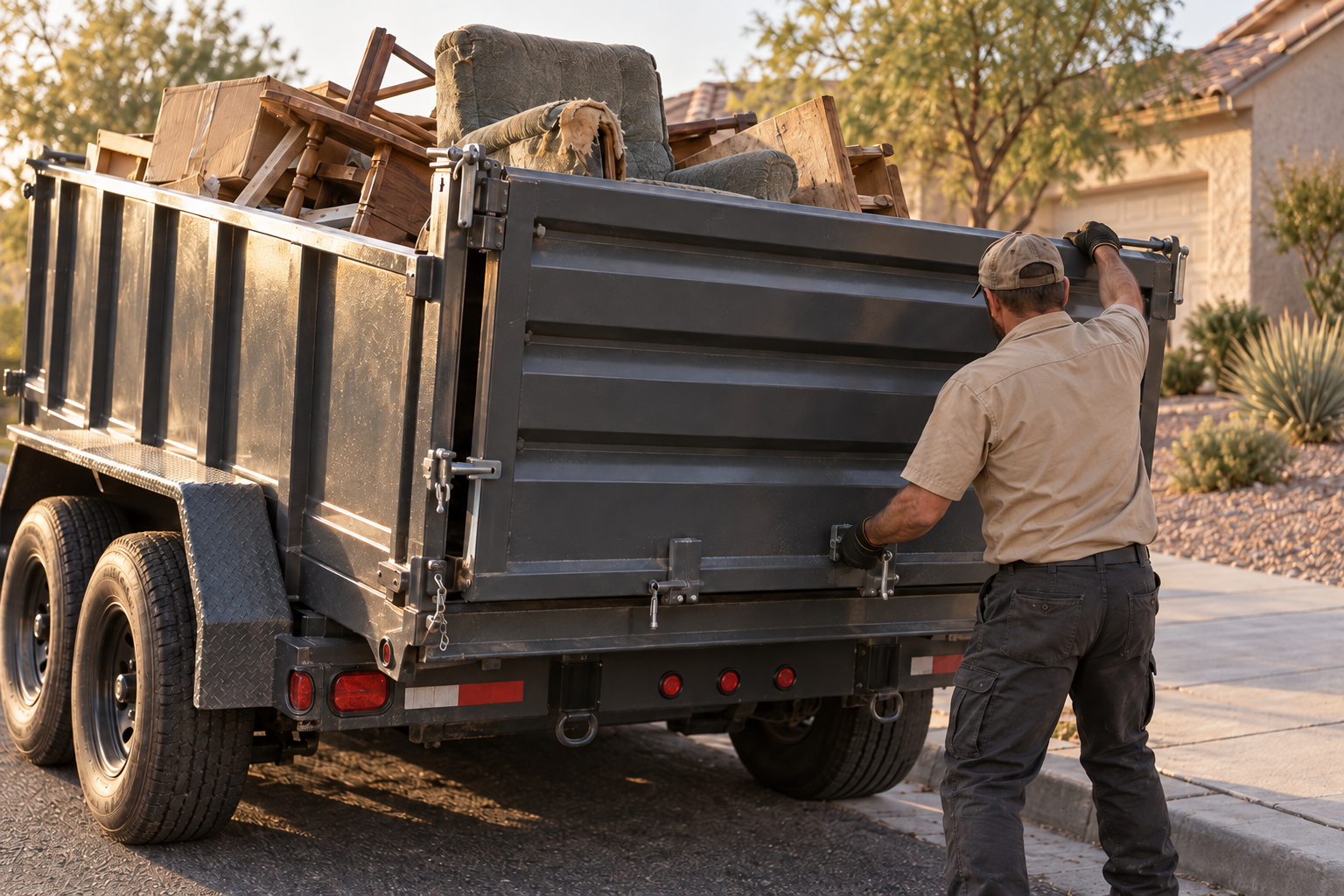 Worker swinging the tailgate shut on a loaded dump trailer parked at a residential curb